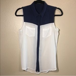 Sleeveless sheer white and Silky navy blue button down collared Blouse